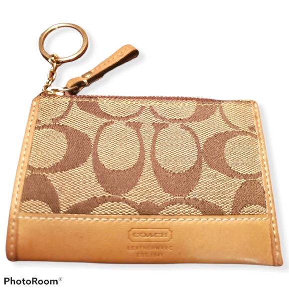 Coach Accessories - COACH Signature Jacquard Leather Mini Coin ID Wallet With Keychain Tan (EUC)